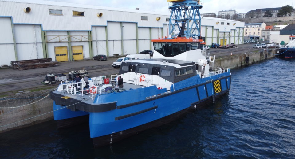Crew transfer vessel berthed alongside a quay