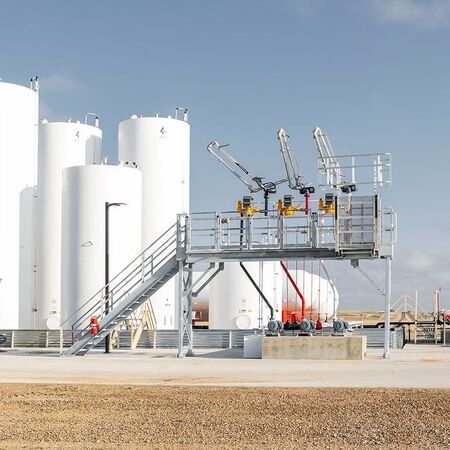 Tanker loading rack and storage tanks at a Houston fuel terminal
