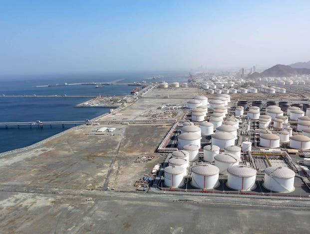 Aerial view of oil storage tanks at the Port of Fujairah