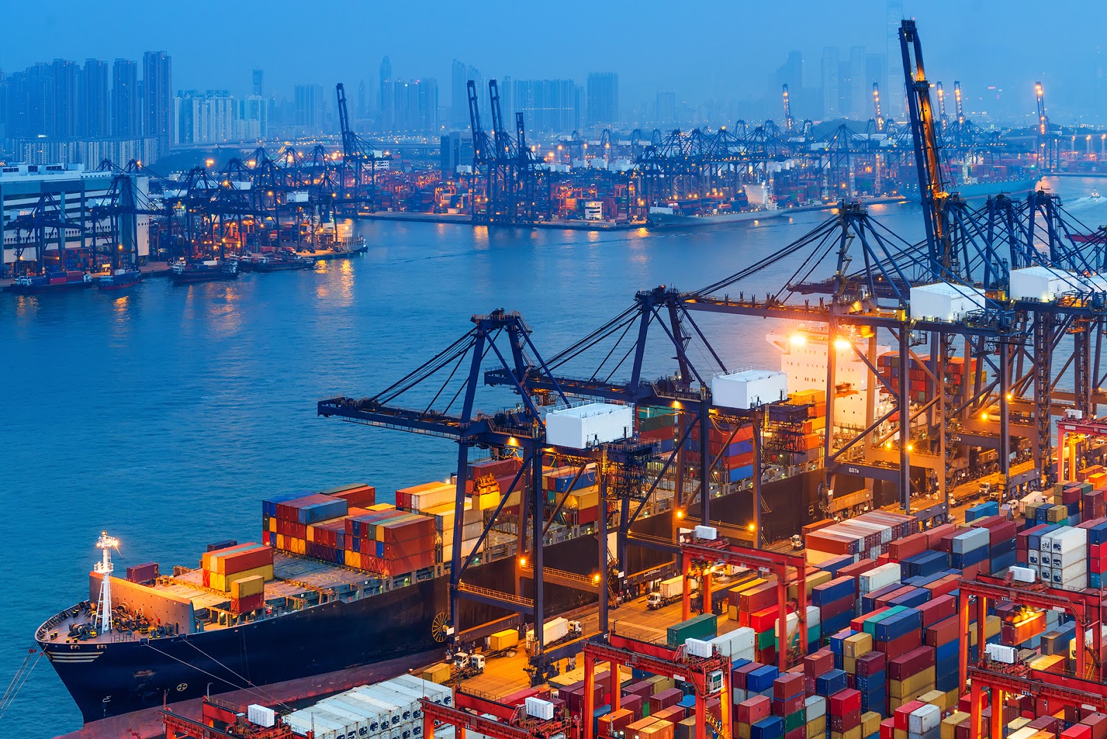 Container vessels and cargo-handling cranes at an international freight port