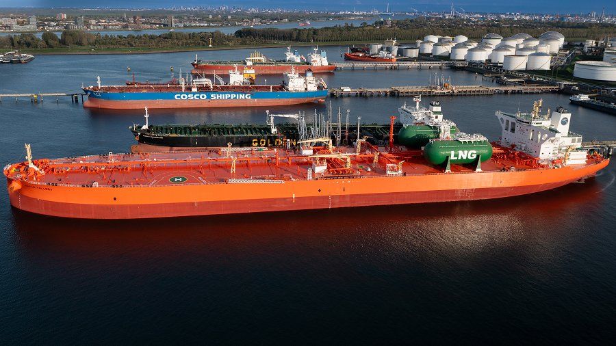 Eagle Vallery at berth, aerial view of the tanker's deck and accommodation