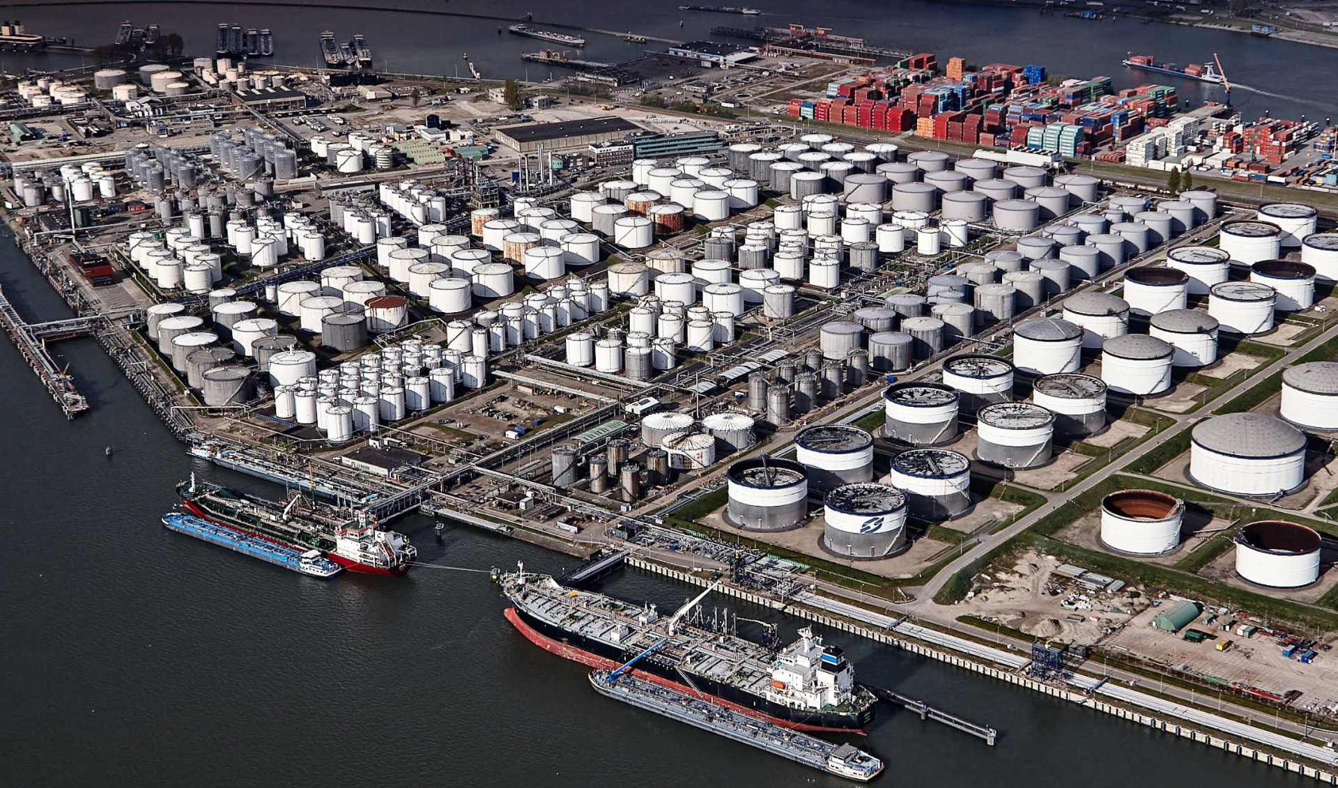 Aerial view of storage tanks and berthed vessels at Rotterdam, Netherlands