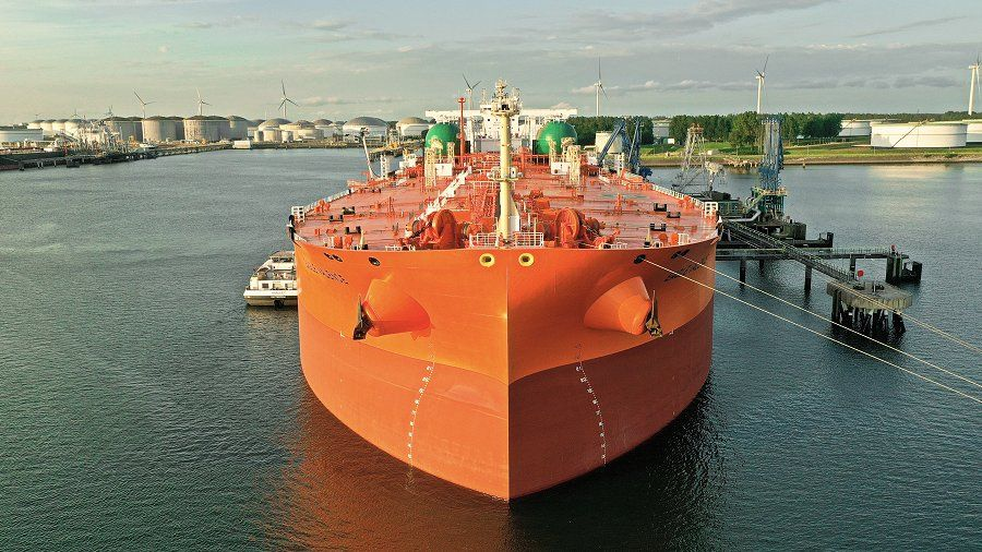 Eagle Valence bow-on at a terminal berth, aerial view