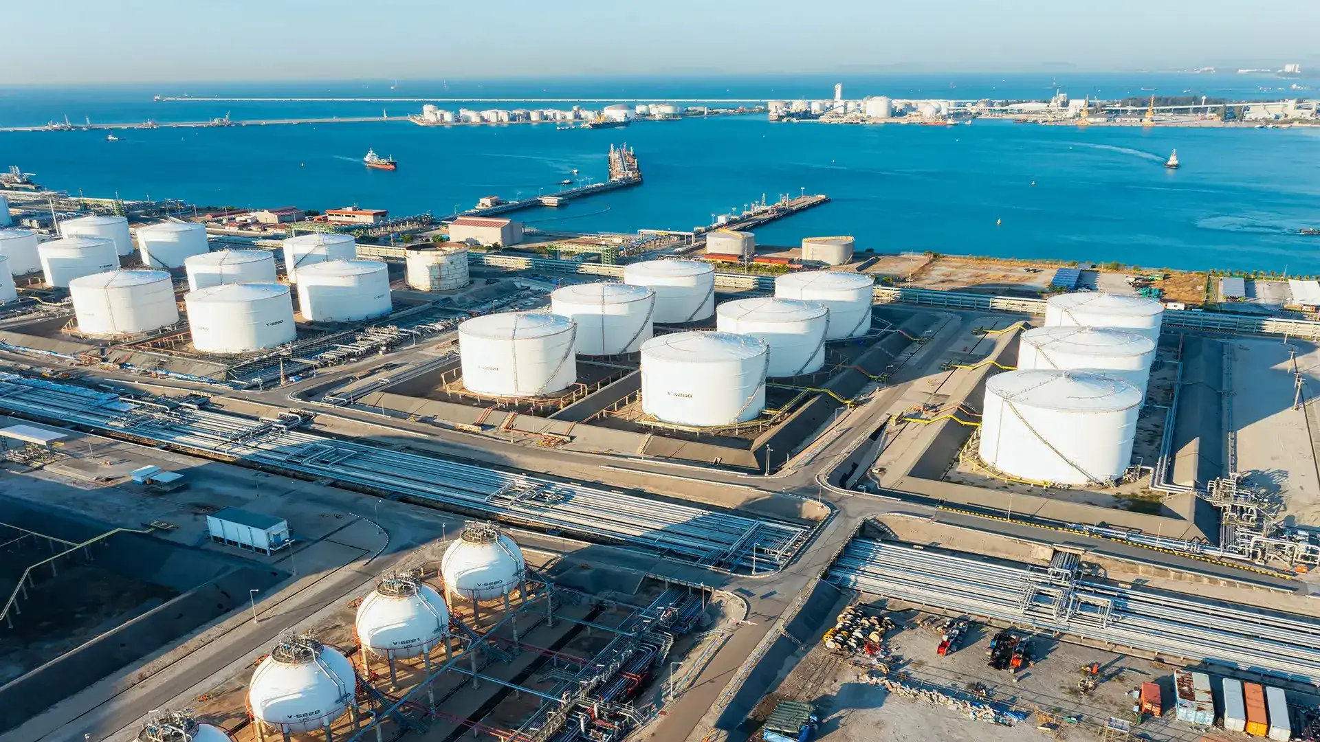 Aerial view of storage tanks and harbour jetties at Zhoushan