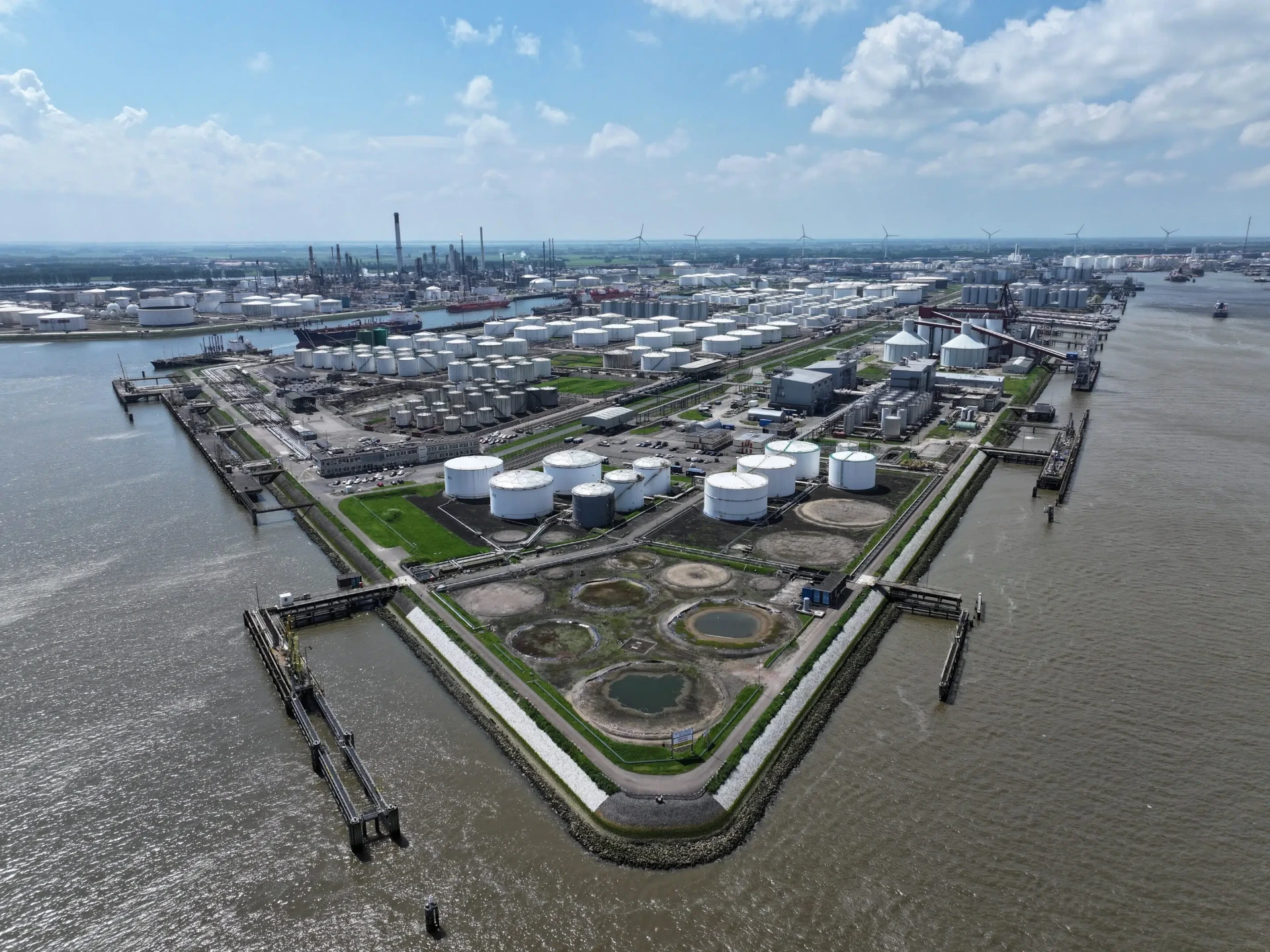 Aerial view of a tank-storage terminal peninsula at Rotterdam, Netherlands