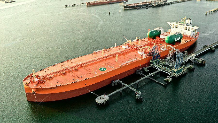 Eagle Valence moored at a jetty, aerial view of the deck and loading arms