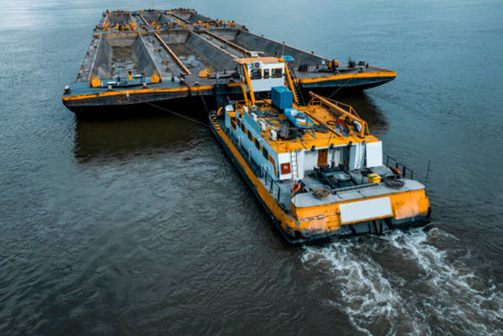 Tug pushing a barge, viewed from above