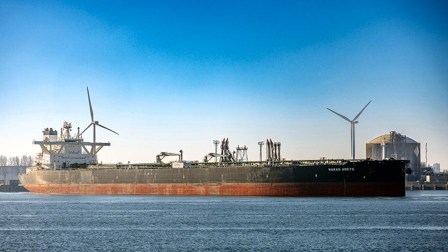 Maran Arete alongside a port berth, broadside view of the tanker